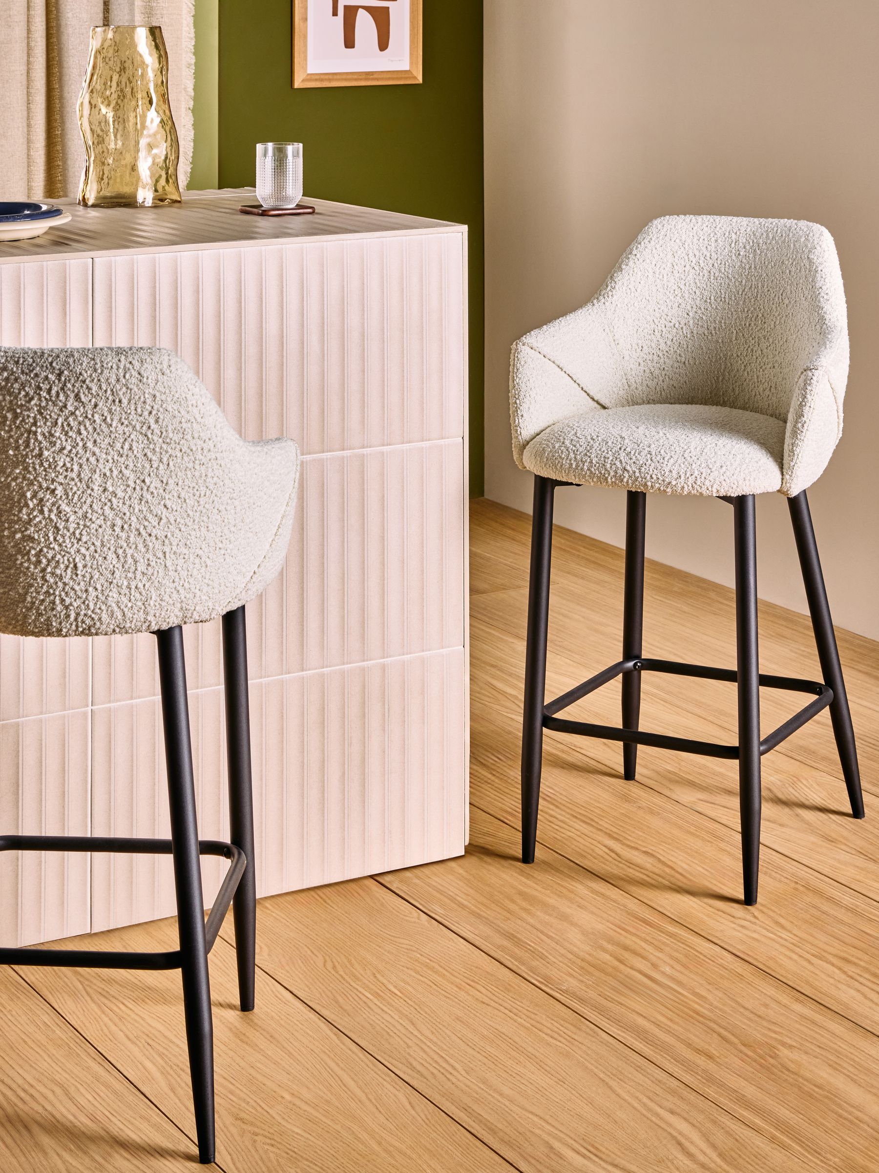 Lule Bar Stool in White Boucle and Black Legs