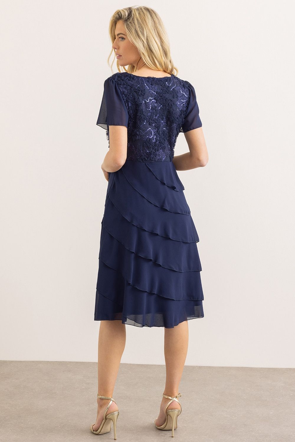 Klass. Embellished Tiered Short Sleeve Dress