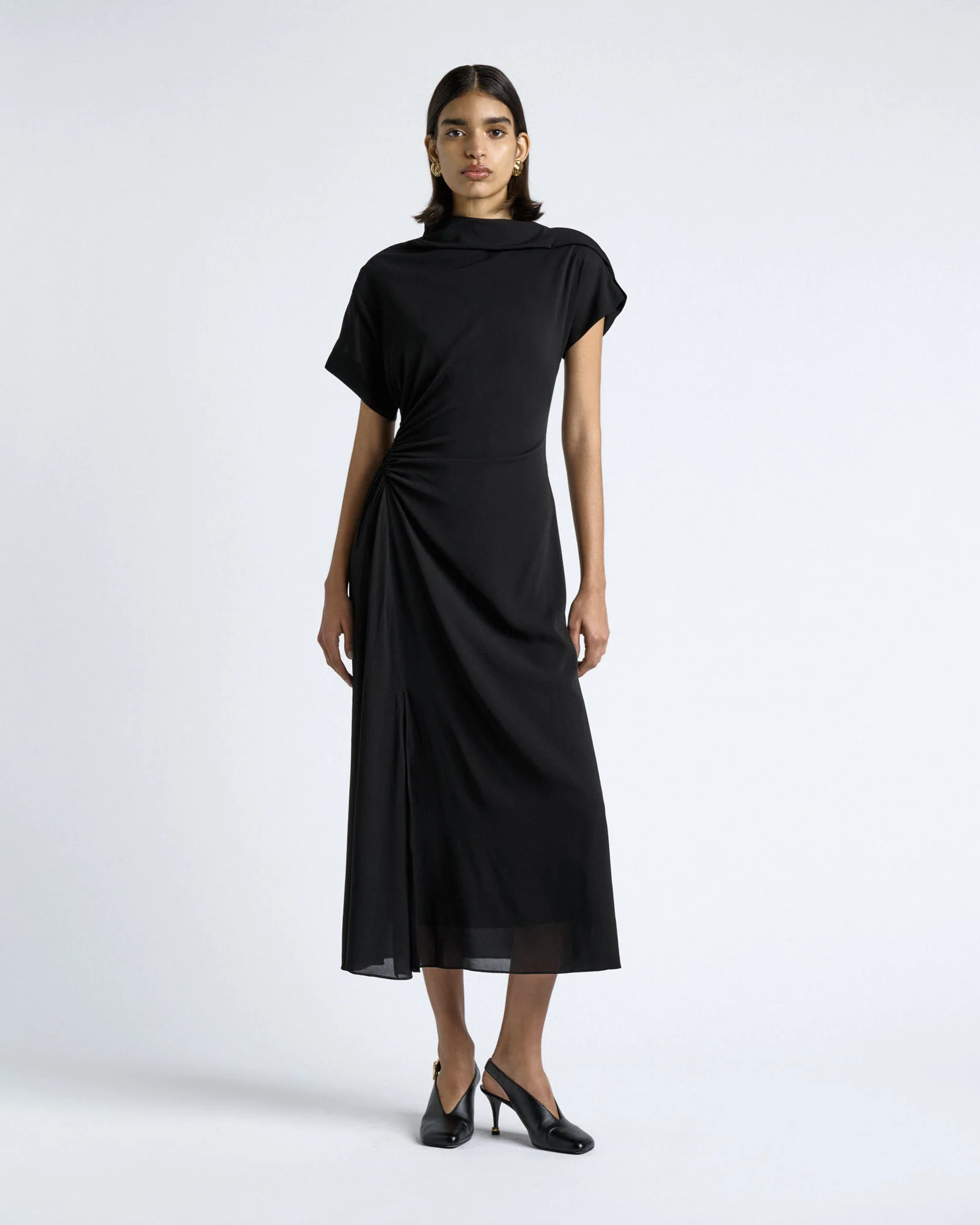 Draped Fold Neck Midi Dress