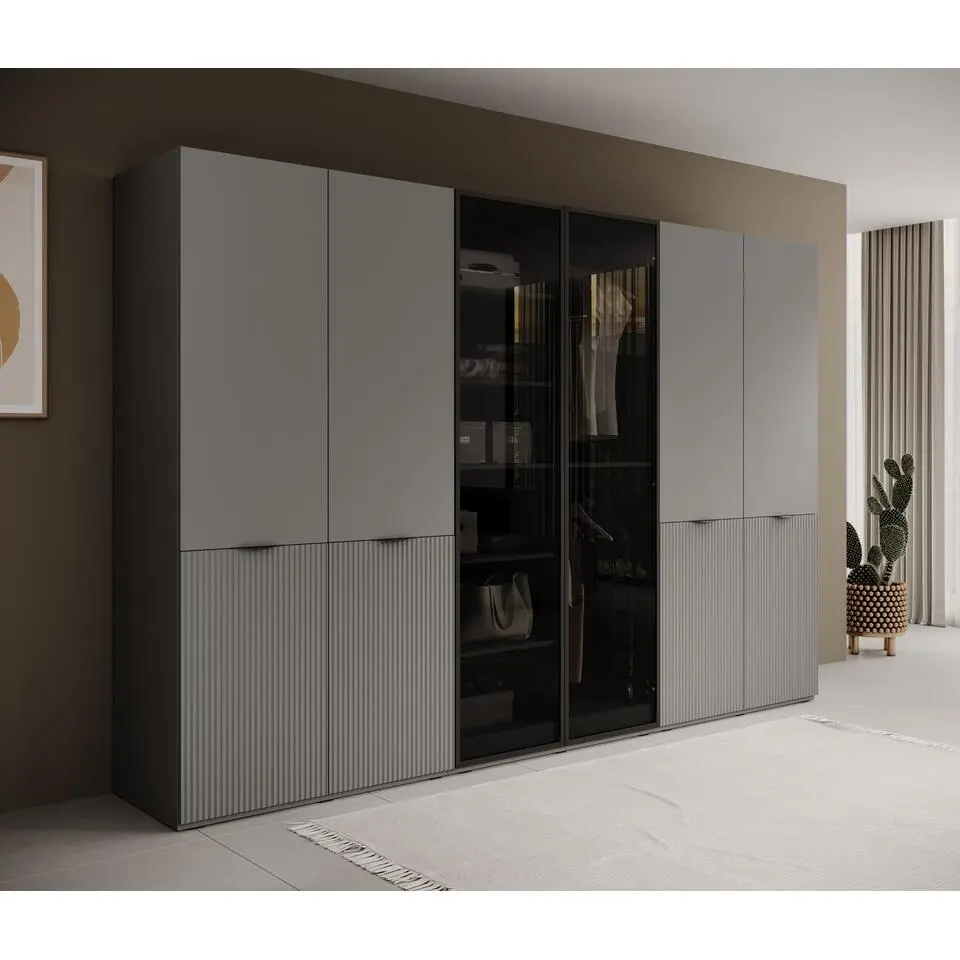 Meubella - Kledingkast Shelton - Grijs - 303 cm - Met glas