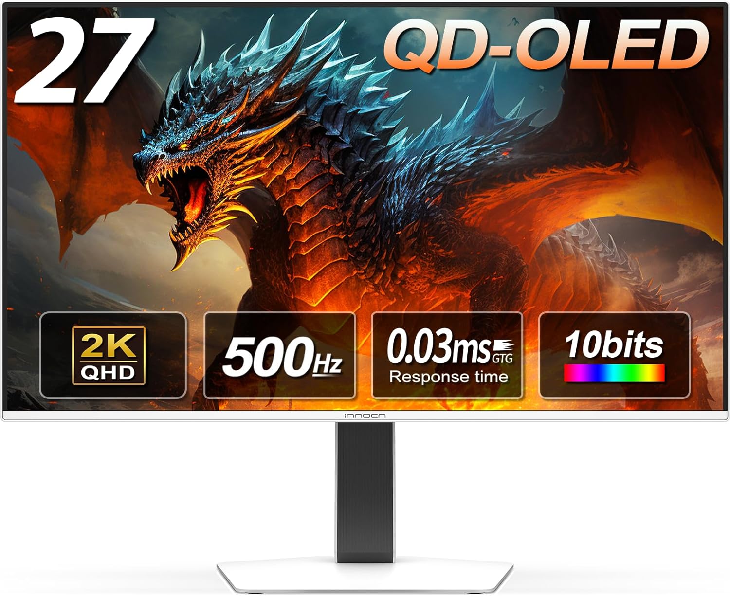 INNOCN 27 OLED 2K QHD 2560 x 1440p 500Hz Gaming Monitor  Gaming Console Ready  VRR  G-SYNC Compatible  HDR 500  0.03ms  FPS/RTS  HDMI 2.1  DP  Speaker  Pivot Adjustable Stand - GA27M1Q