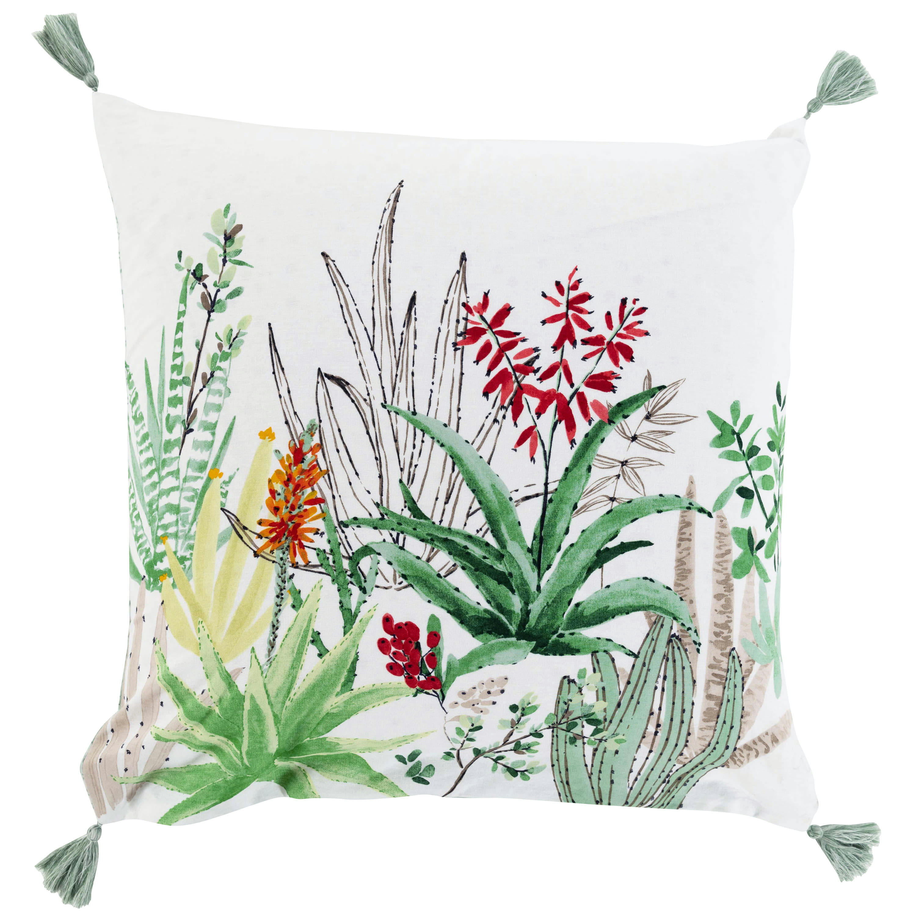 ALOEVERA - Taie d'oreiller carrée coton et lin imprimé vert 64 x 64 cm