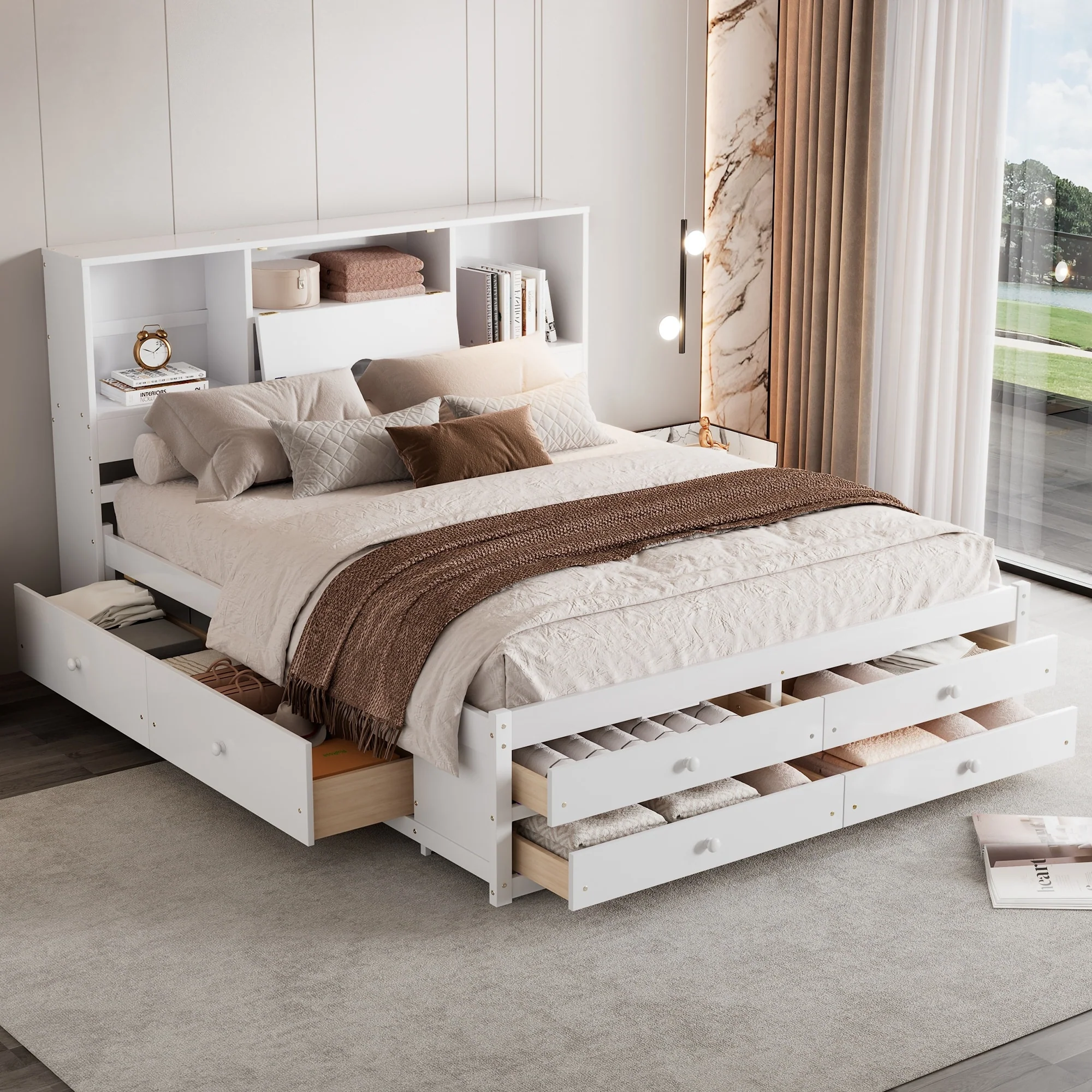 Queen Size Platform Bed with Storage Headboard & 8 Drawers - White