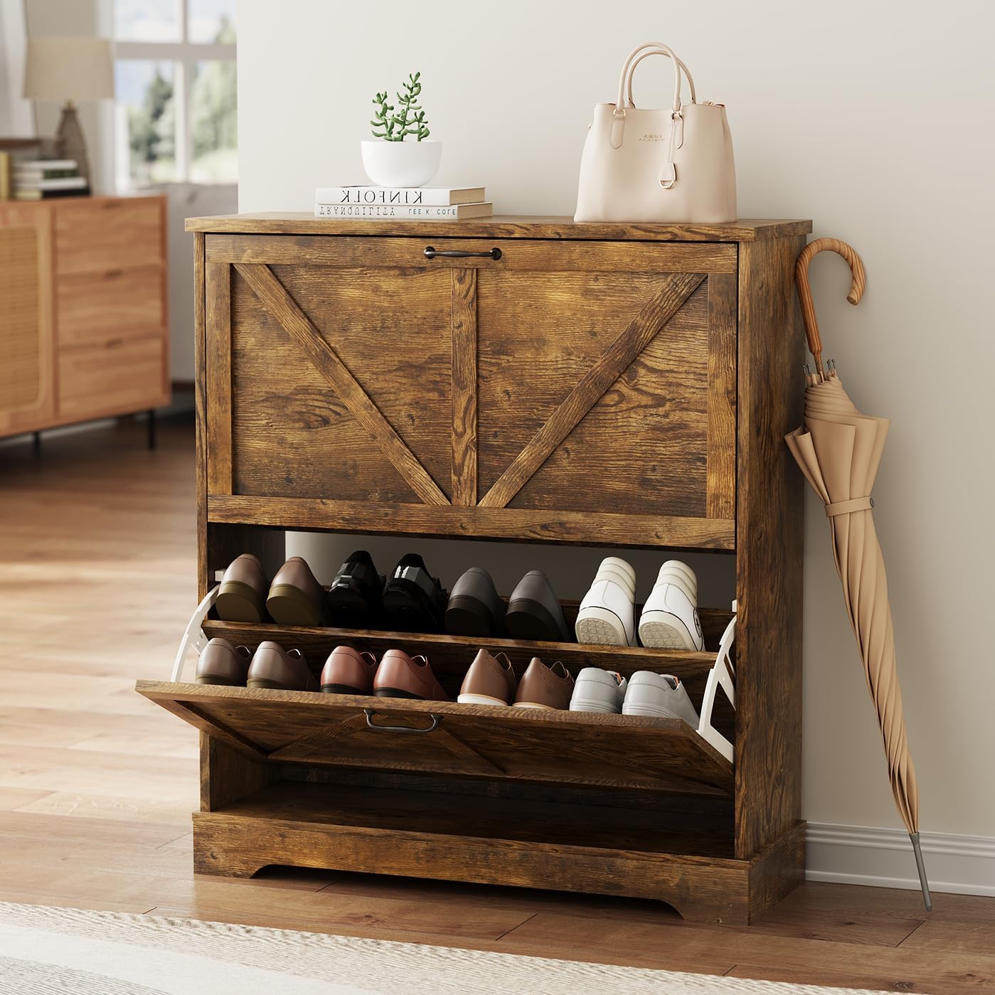 Smart FENDEE Shoe Cabinet, Shoe Storage Cabinet for Entryway with 2 Flip Drawers, Narrow Farmhouse Shoe Organizer Cabinet, Slim Shoe Rack Cabinet, 31.5 in Rustic Brown
