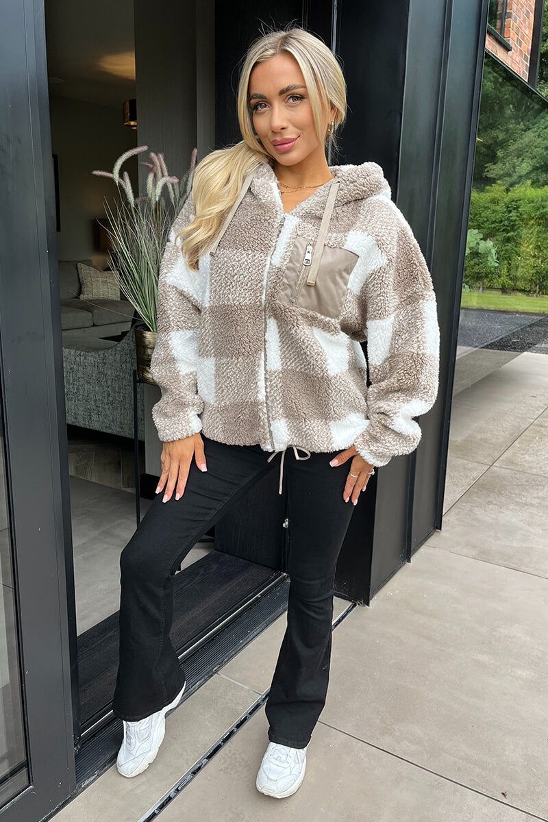 AX Paris Biscuit Check Pocket Detail Hooded Teddy Jacket