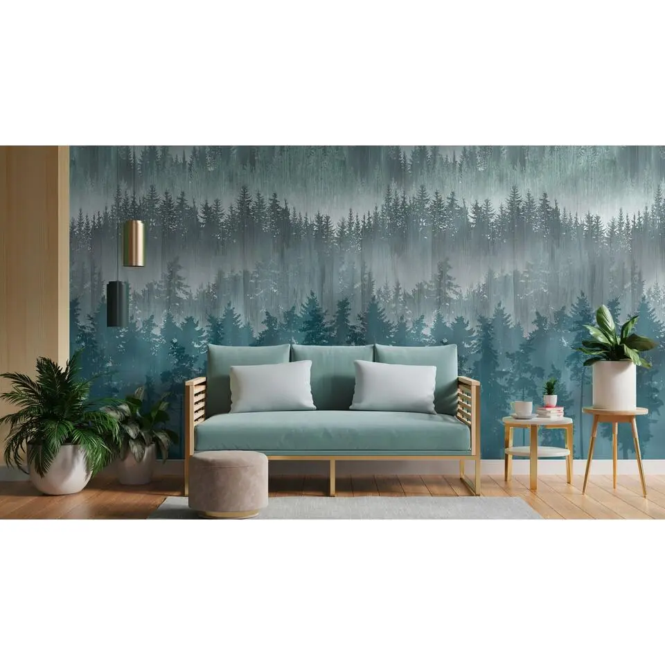 Livingwalls fotobehang bomen blauw, grijs en petrolblauw - 159 x 280 cm
