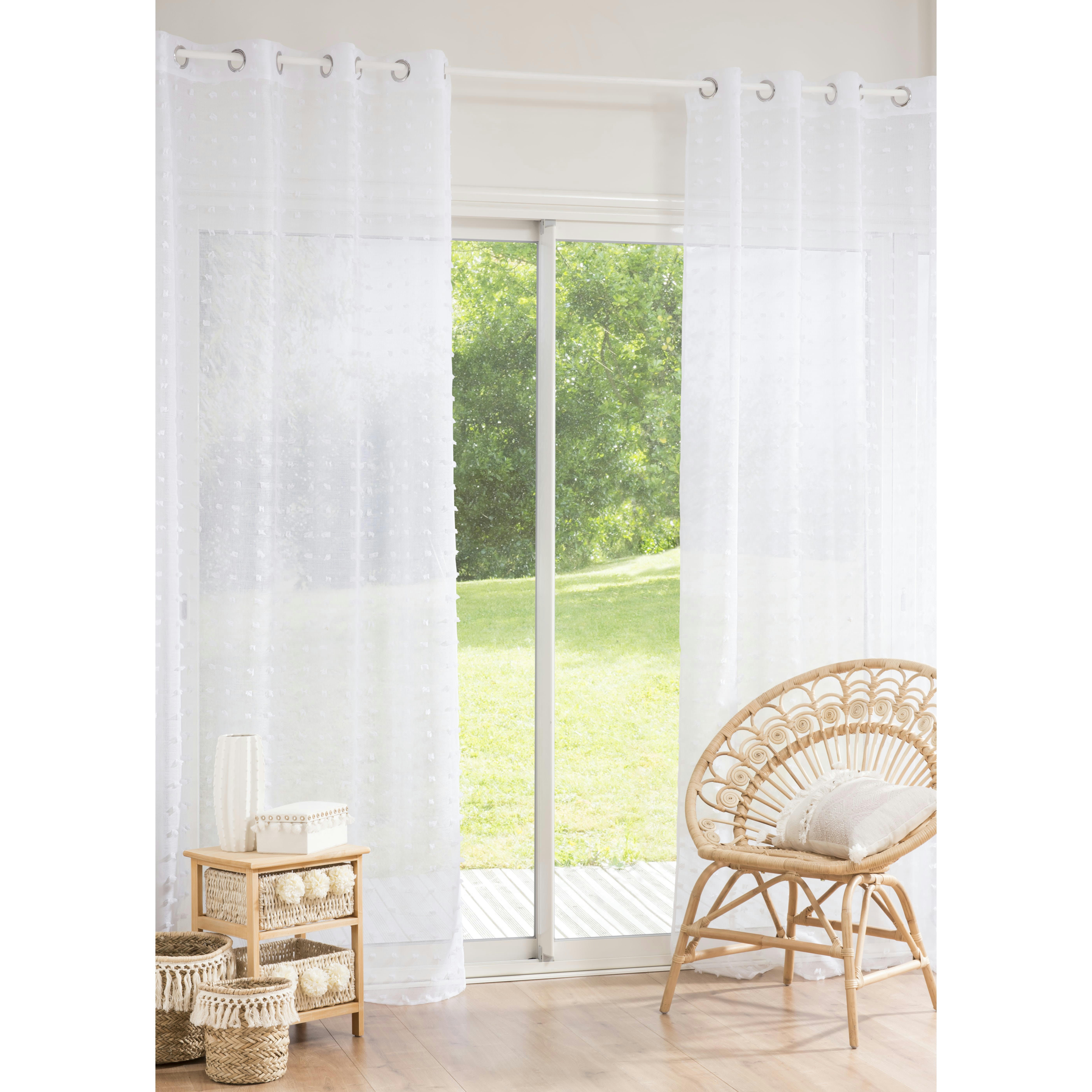 - Rideau voilage à œillets en polyester recyclé blanc à pompons 140x250