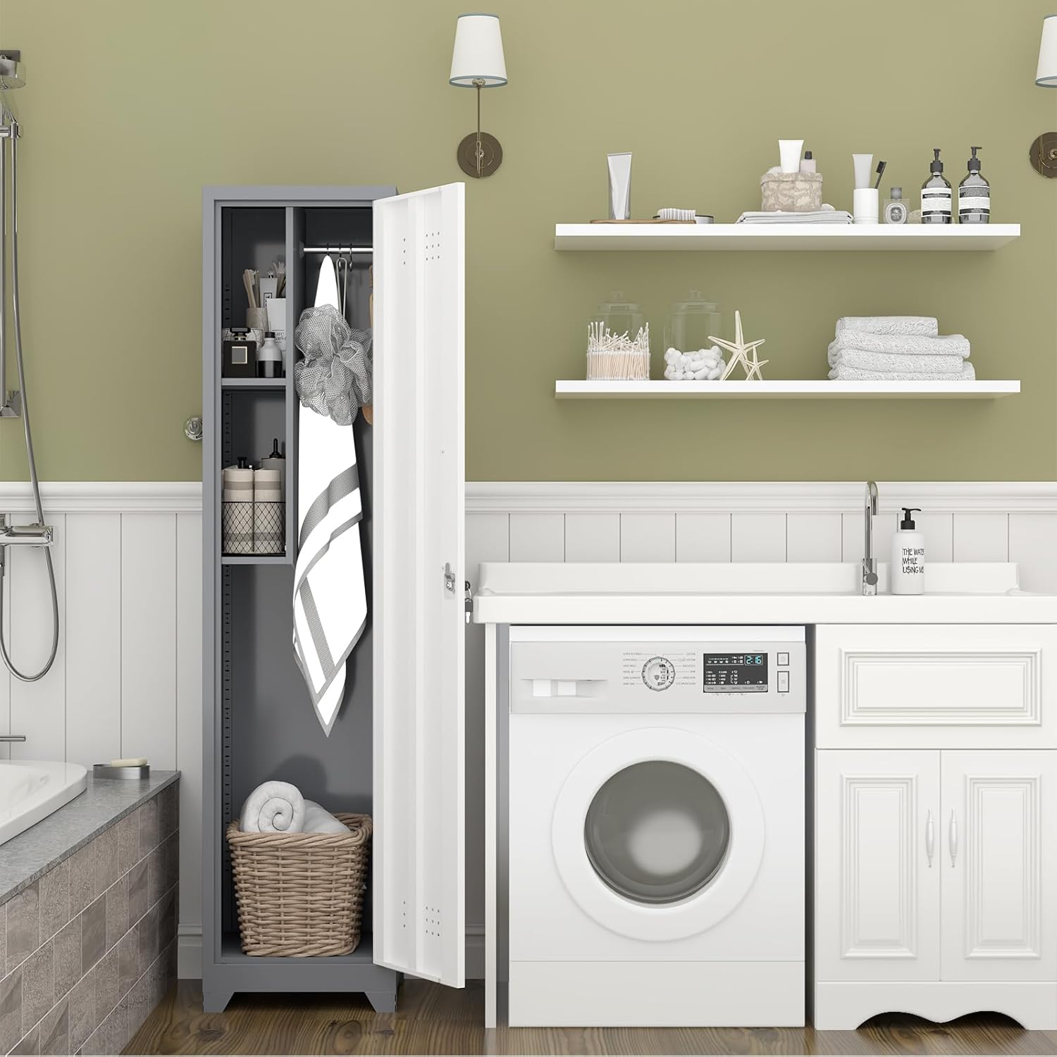 Metal Garage Storage Cabinet,Broom Closet Storage Cabinet,Utility Closet Cabinet for Garage,Office,Gym,Grey-White