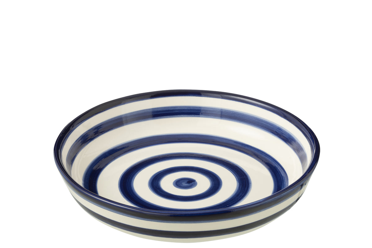 J-Line schaal Granada Stripes Low - keramiek - wit/blauw - large - Ø 25 cm