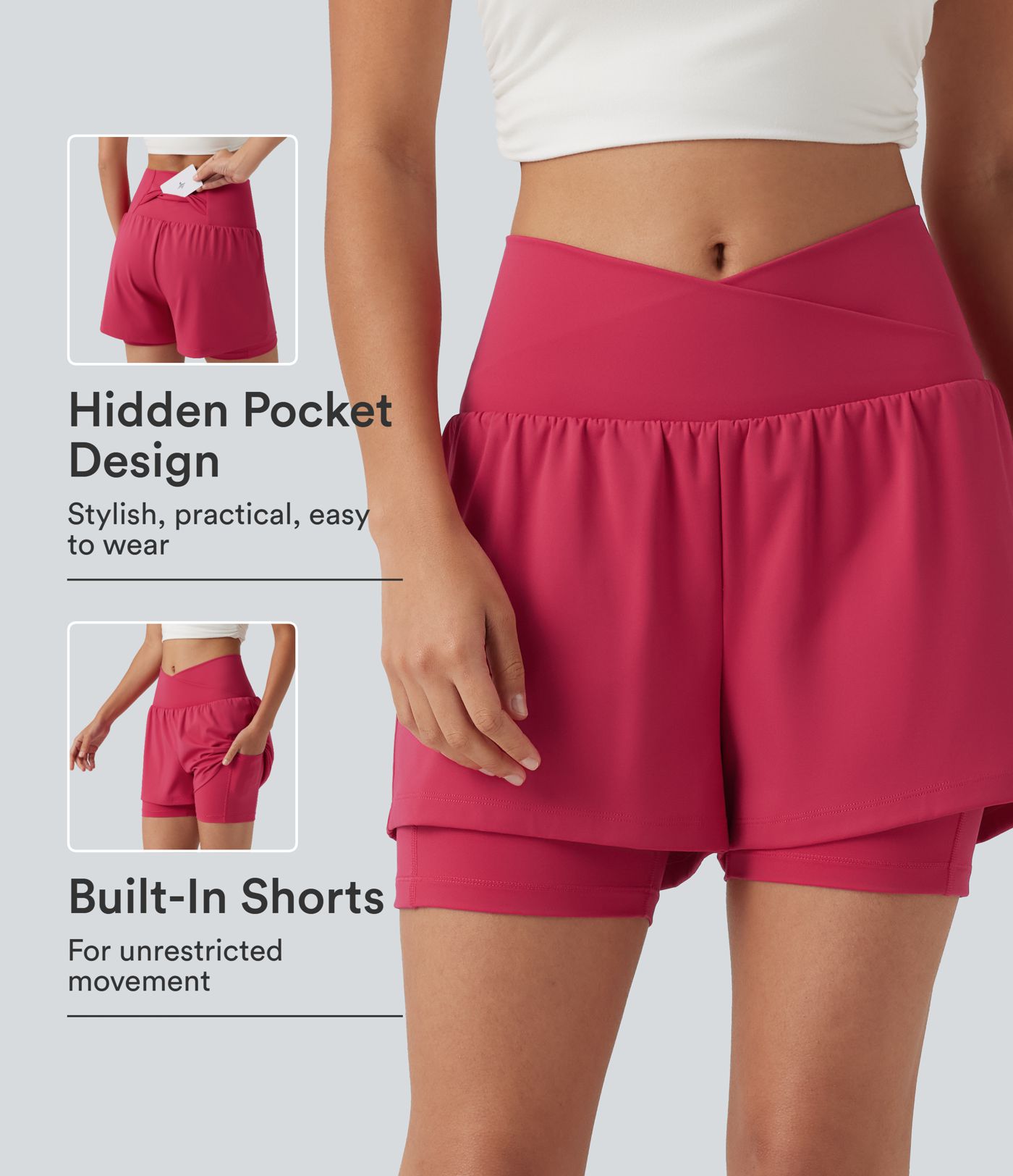 Short de yoga 2-en-1 taille haute croisée en SoftlyZero™ Airy à effet frais InstantCool 12,5 cm avec poches