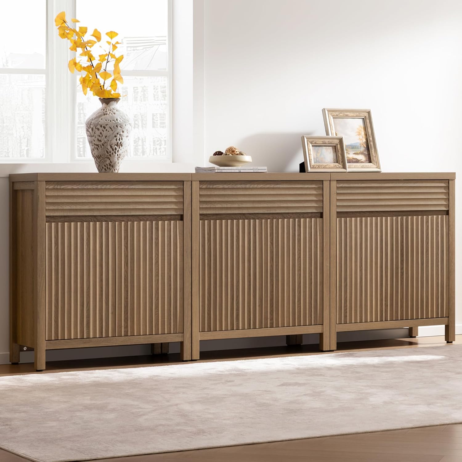 SICOTAS Fluted Buffet Cabinet with Storage - 87 Large Sideboard Modern Storage Cabinet Accent Coffee Bar Console Table with Drawers & Adjustable Shelves for Kitchen Living Room Entryway, Caramel Oak