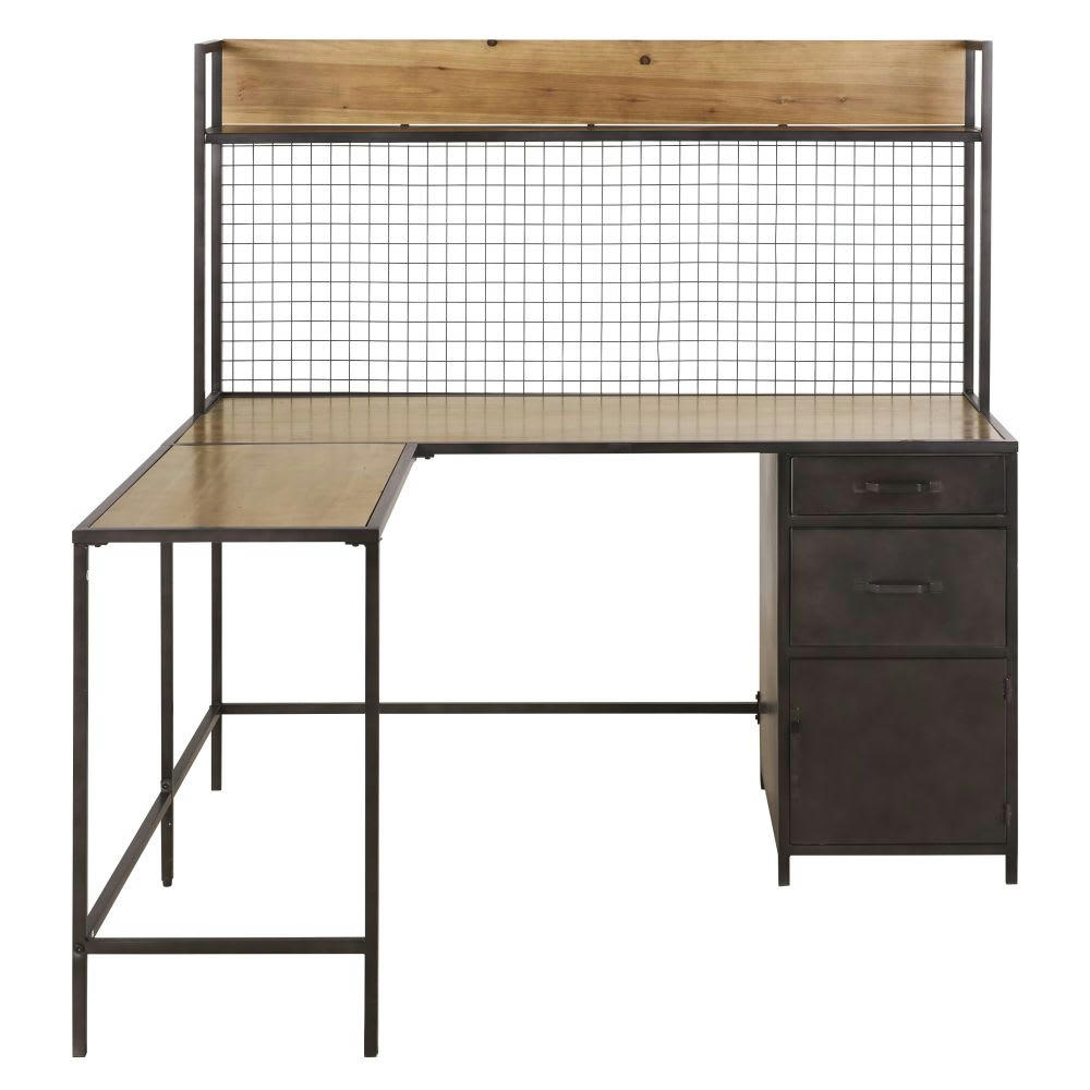 Axyo - Bureau d'angle 2 tiroirs 1 porte en métal gris et bois de sapin