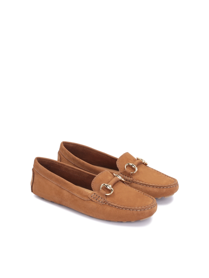 Ladies’ ginger moccasins with a metal buckle