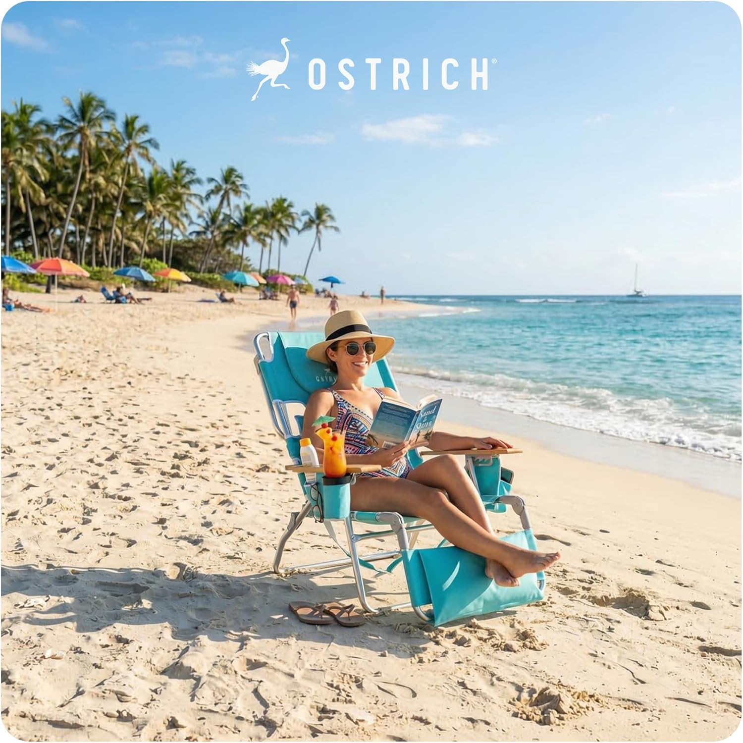Ostrich the Deluxe 3N1 Lightweight Lawn Beach Reclining Lounge Chair with Footrest, Outdoor Furniture for Patio, Balcony, Backyard, or Porch, Aqua