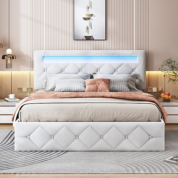 Lit 160x200cm avec LED - Sommier à Lattes - Grand Rangement - Beige