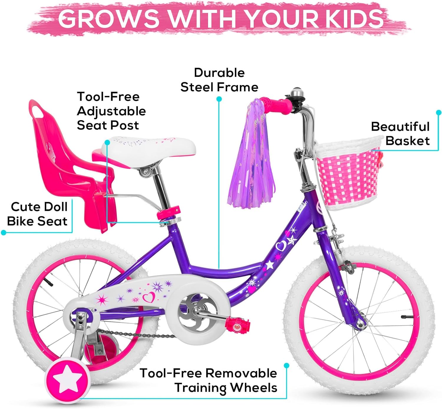 WEIZE Girls Bike for 3-12 Years Old Kids, 14 16 20 Inch Kids Bike with Training Wheels, Streamers, Basket and Doll Seat, Children Bicycles with Coaster Brake, Multiple Colors