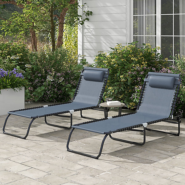 Lot de 2 bains de soleil transats pliables inclinables acier lacets élastiques noir textilène gris