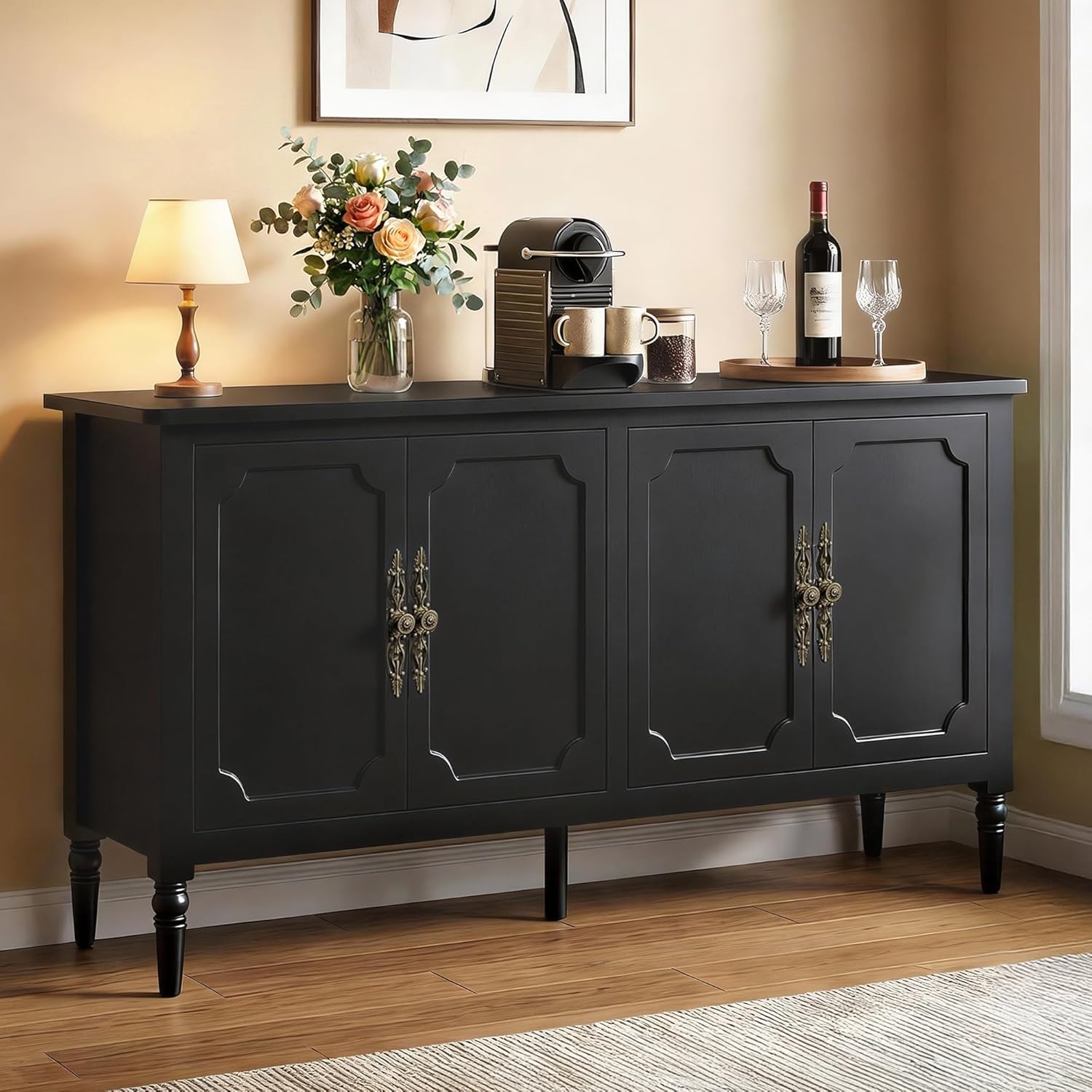 RoyalCraft 59 Buffet Cabinet with Storage, Vintage Sideboard with Adjustable Shelves & Carved Handle, Mid Century Modern Painted Credenza Coffee Bar for Kitchen, Dining Room, Satin Black