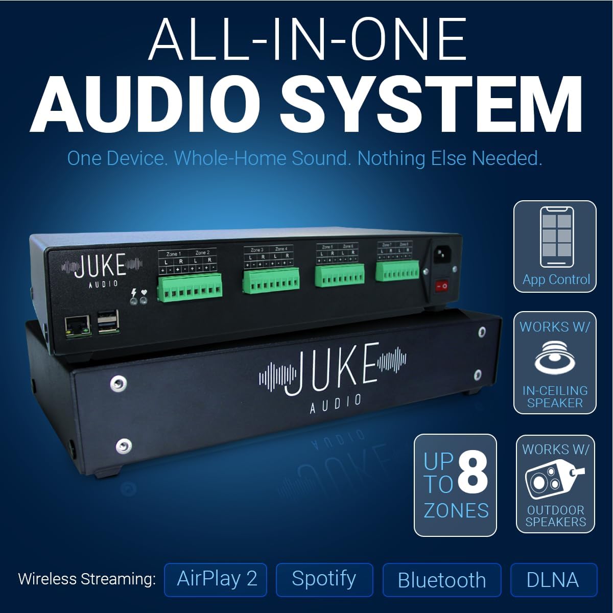 Juke-8: 8 Zone Multi-Room Amplifier | Built-in Music Streaming & Wireless App Control | Supports 8 Audio Sources Simultaneously | Whole Home Audio System | Airplay 2, Spotify Connect, Bluetooth