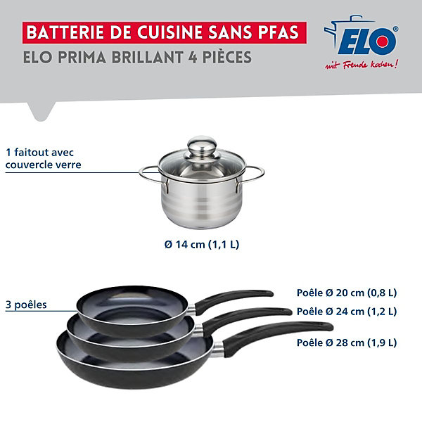Ensemble de 3 Poêles de cuisson 20, 24 et 28 cm et 1 faitout 14 cm Elo Prima Brillant