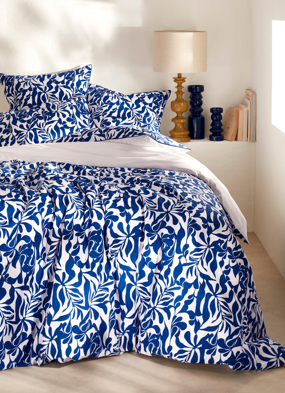 HOUSSE DE COUETTE EN PERCALE IMPRIMÉE FEUILLAGE BLEU
