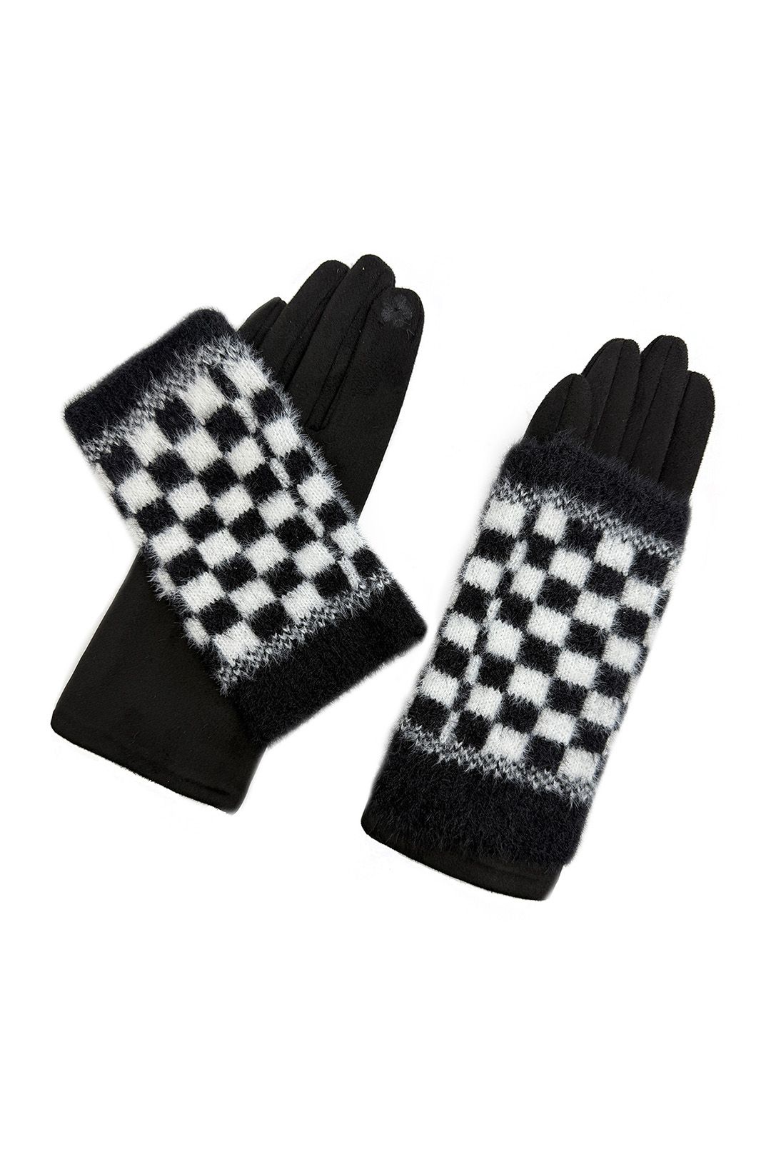 Vellin 2 Piece -Plain Knit & Check Pattern Fingerless Overlay Gloves