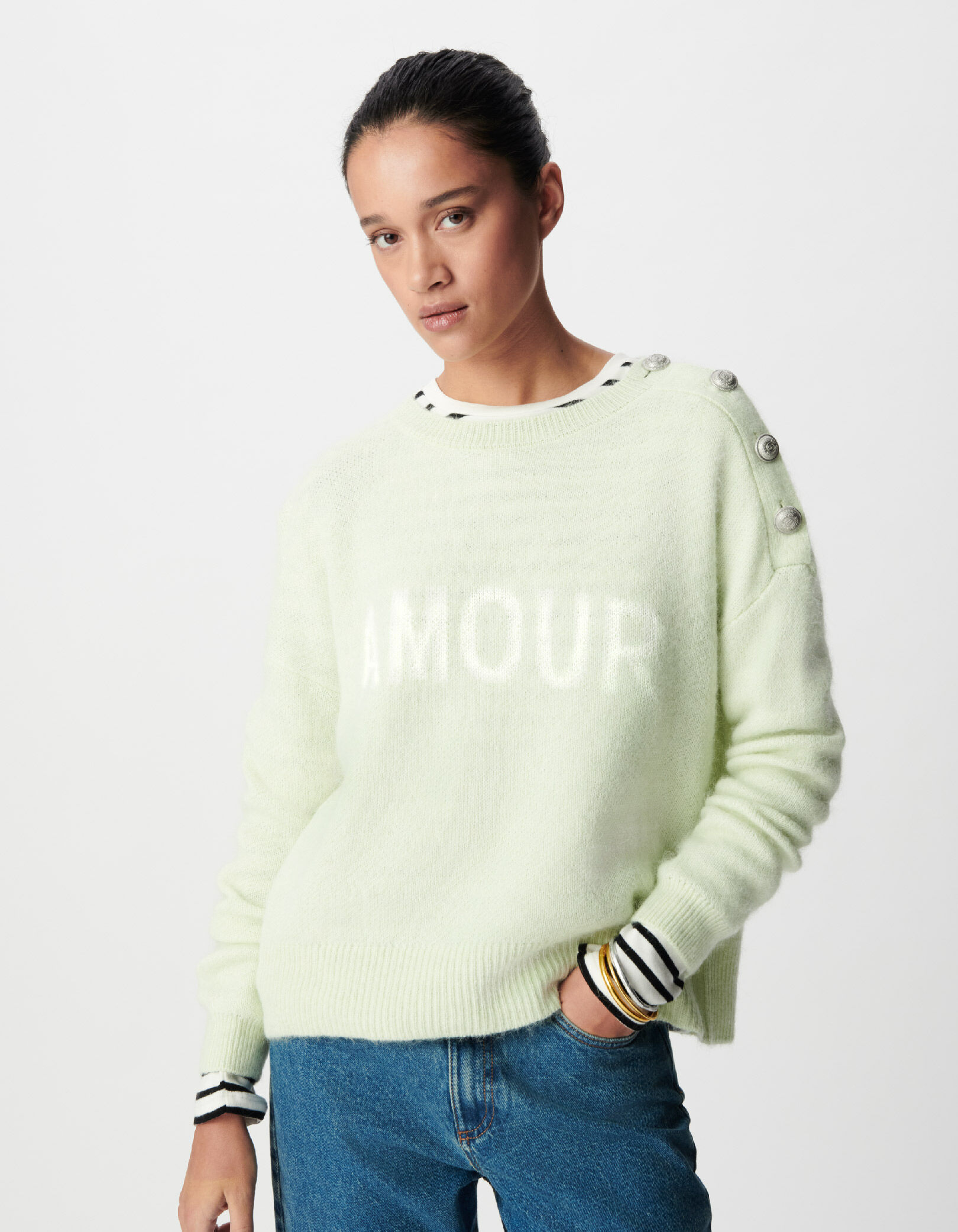 Pull alpaga mélangé vert à message Femme