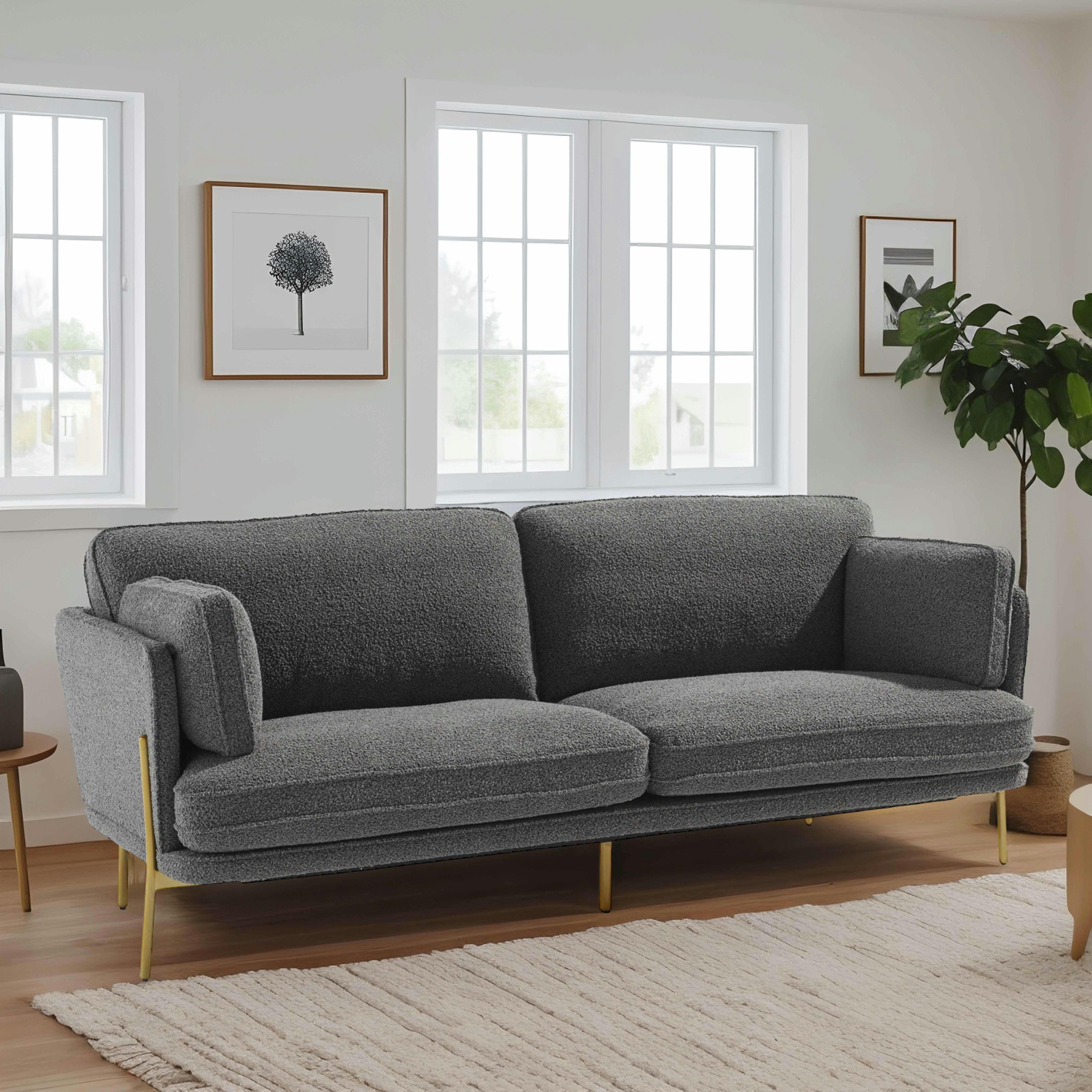 PANDOR - Canapé en tissu bouclette 3 places gris