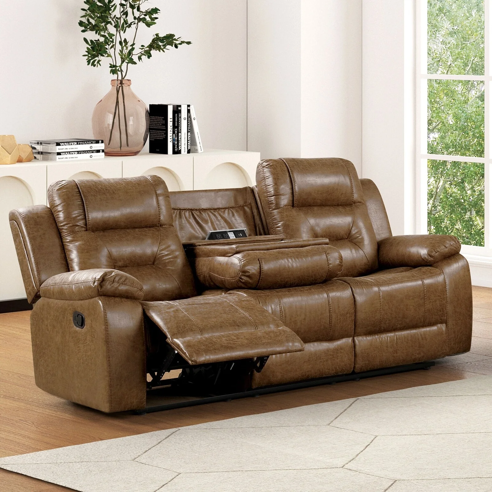 Leatherette Upholstered Sofa with Manual Reclining in Brown
