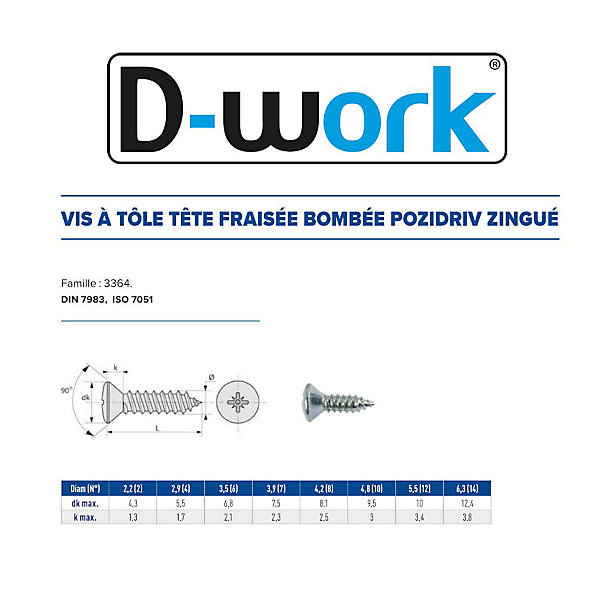 500 Vis à Tôle Tête Fraisée Bombée Pozidriv 4.8 x 15.9 mm - DIN 7983 - Zingué blanc - D-Work