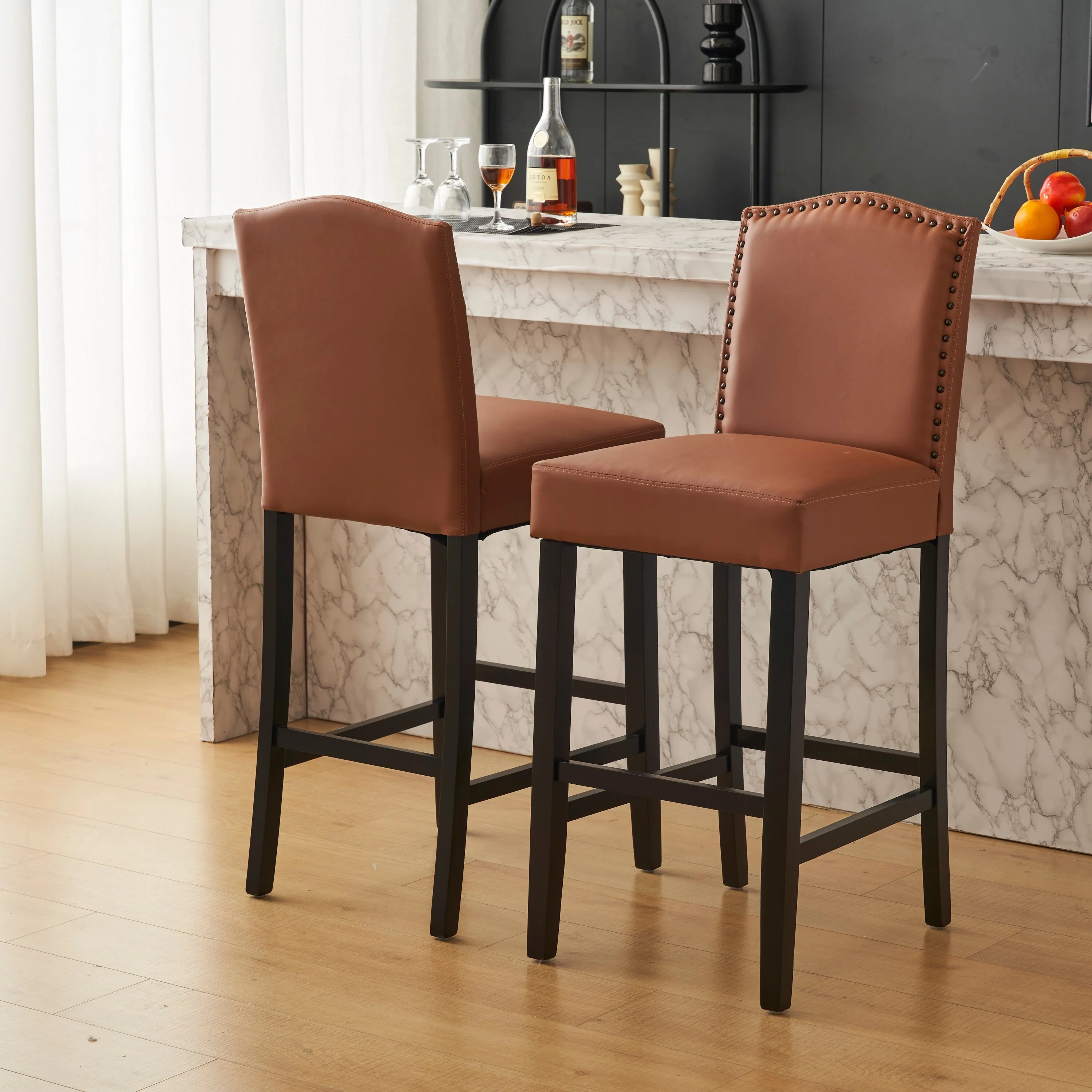 Roomfitters Upholstered Counter Height Barstool Set of 2, PU Faux Leather Seat with Rubberwood Legs