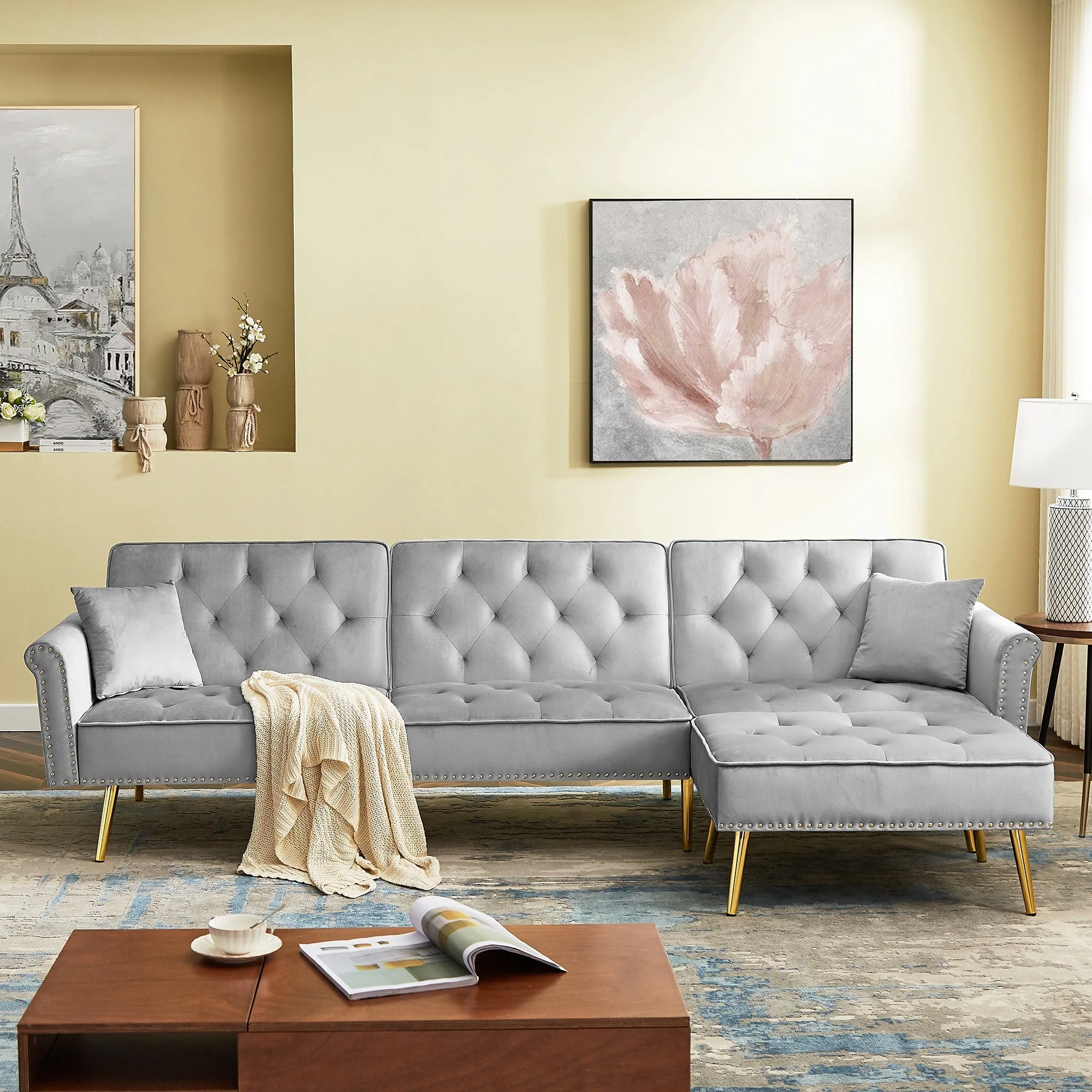 Modern Velvet Upholstered Reversible Sectional Sofa Bed , L-Shaped Couch with Movable Ottoman and Nailhead Trim For Living Room