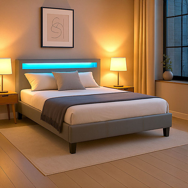 Lit LED double PINOT 140x190 cm, avec sommier, revêtement synthétique gris
