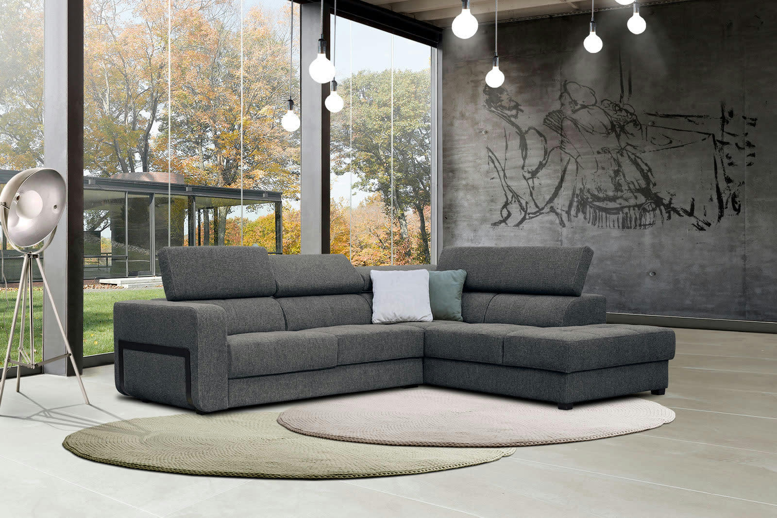 BERGO - Canapé d'angle droit 5 places en tissu gris foncé avec coussins déco