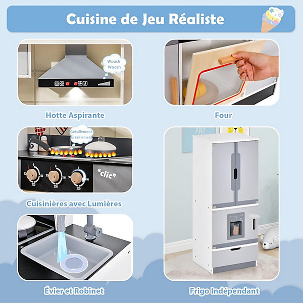 Cuisine Enfant en Bois, avec Sons et Lumières, Réfrigérateur Amovible, Machine à Glaçons, Ustensiles de Cuisine, Cuisinière