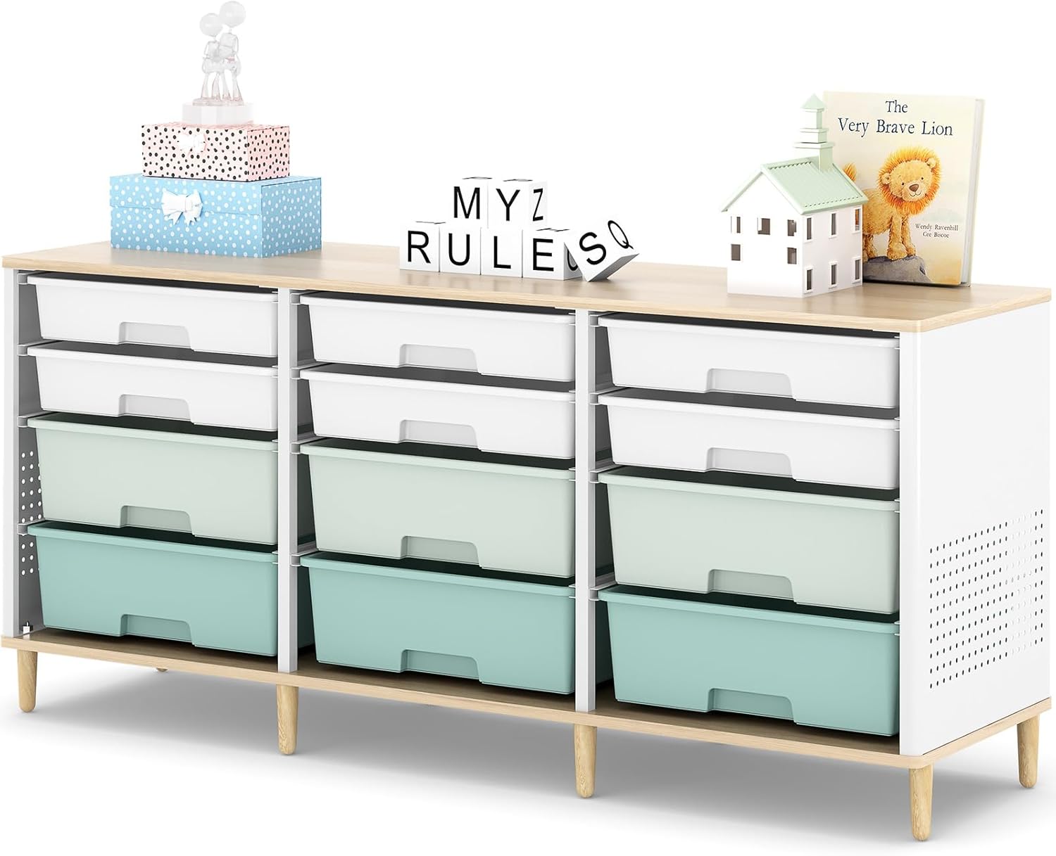 12 Drawers Storage Cabinet with Wooden Top and Plastic Bins, Toy Storage Organizer Toy Shelf Storage Chest Cubby Organizer for Home, Office, Playroom, Classroom & Craft Room Storage (Green)