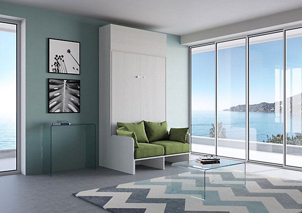 Lit double escamotable français Kentaro 140 cm avec canapé et élément mural en frêne blanc, vert