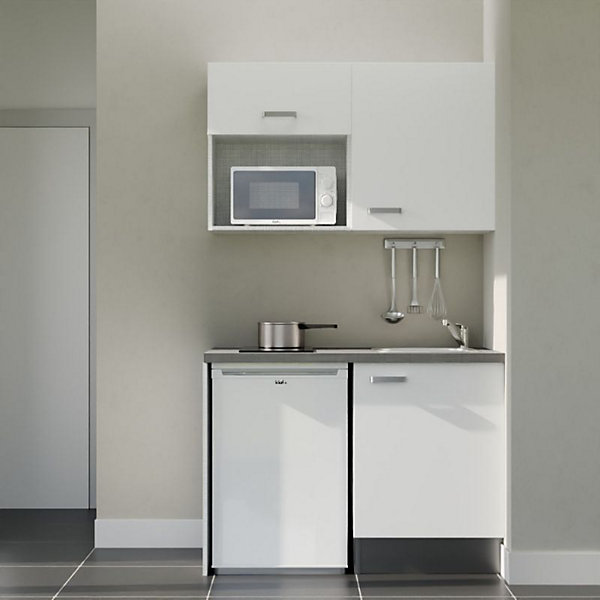 Kitchenette K07 façades Blanc - Plan de travail Gris béton - Crédences : Non - Evier inox - Electroménager Blanc inclus