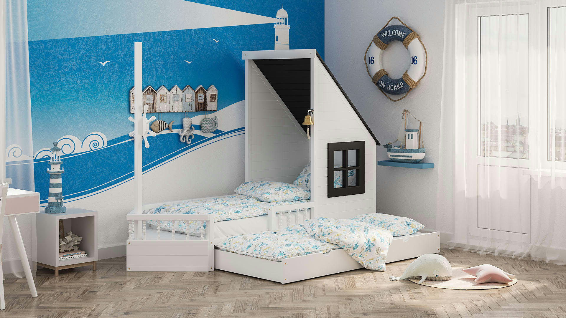 - Lit simple bateau pour enfant en bois de pin massif 200x90 noir