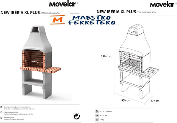 MOVELAR - Barbecue préfabriqué à bois et à charbon de bois New Iberia Plus 1 mini support latéral(Gris, Orange-95x47x190cm)M00195