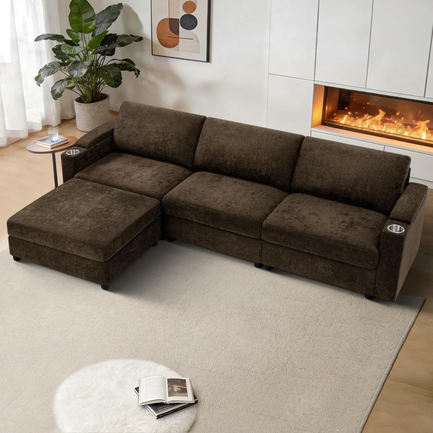 108'' Chenille Sectional Couch with Storage Armrests,L Shaped Upholstered Sofa with Movable Ottoman, 4-Seat Modular Couch with Cup Holders for Living Room, Brown