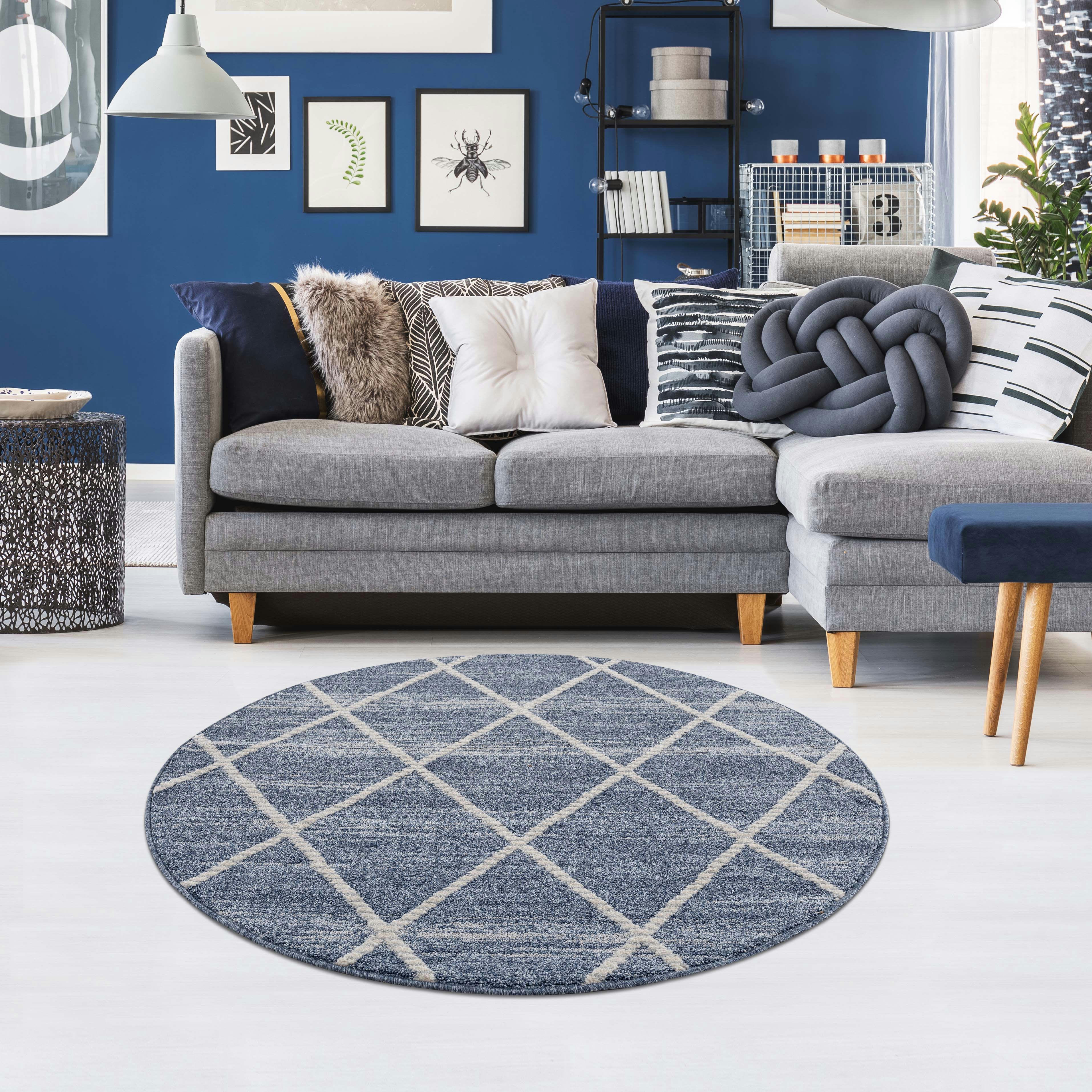 FLÄT - Tapis rond géométrique tressées bleu et crème 200x200cm