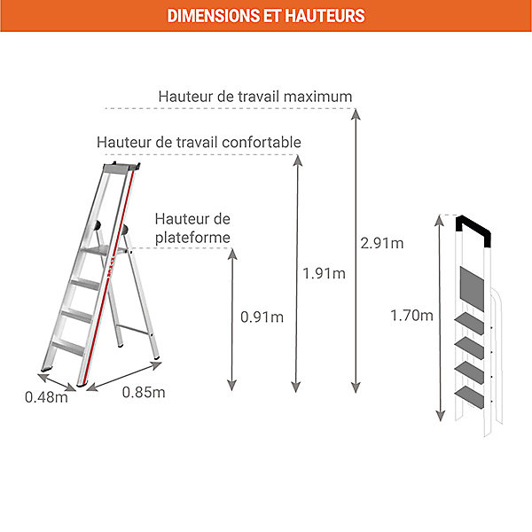 Escabeau 4 marches - Hauteur atteignable 2.91m - 6026/04
