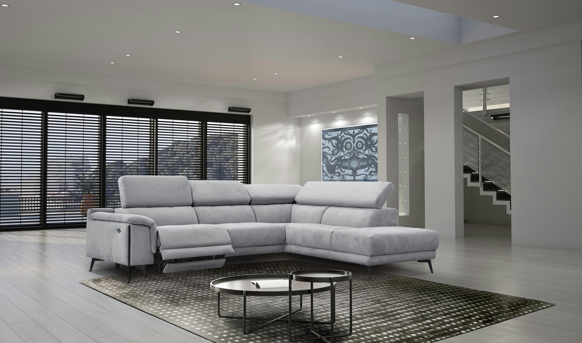 MATERA - Canapé d'angle droit 5 places avec relax électrique, Tissu Gris clair