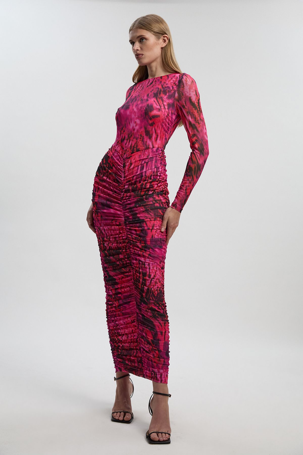 KarenMillen Animal Print Mesh Ruched Maxi Dress
