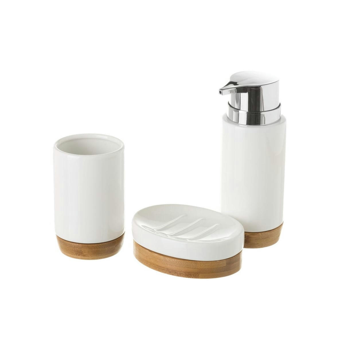 - Set salle de bain céramique blanche et bambou - 3 pièces