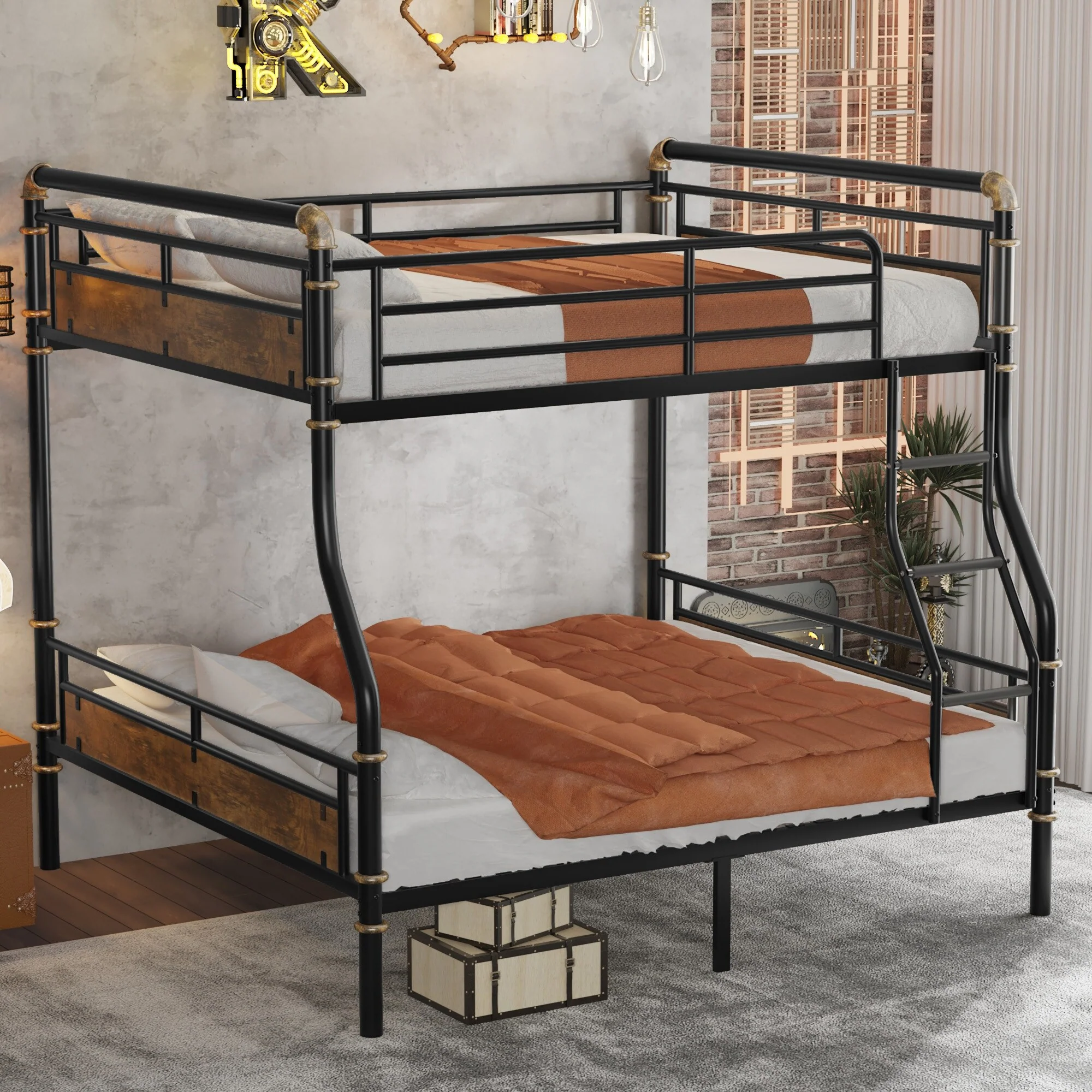 Full XL over Queen Metal Bunk Bed, Industrial Detachable Bunkbeds with Safety Guard Rails