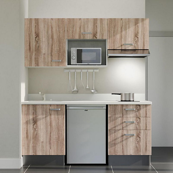 Kitchenette K20 - 180 cm - façades Bois - Plan monobloc en quartz coloris Snova évier à gauche - Electroménager Inox