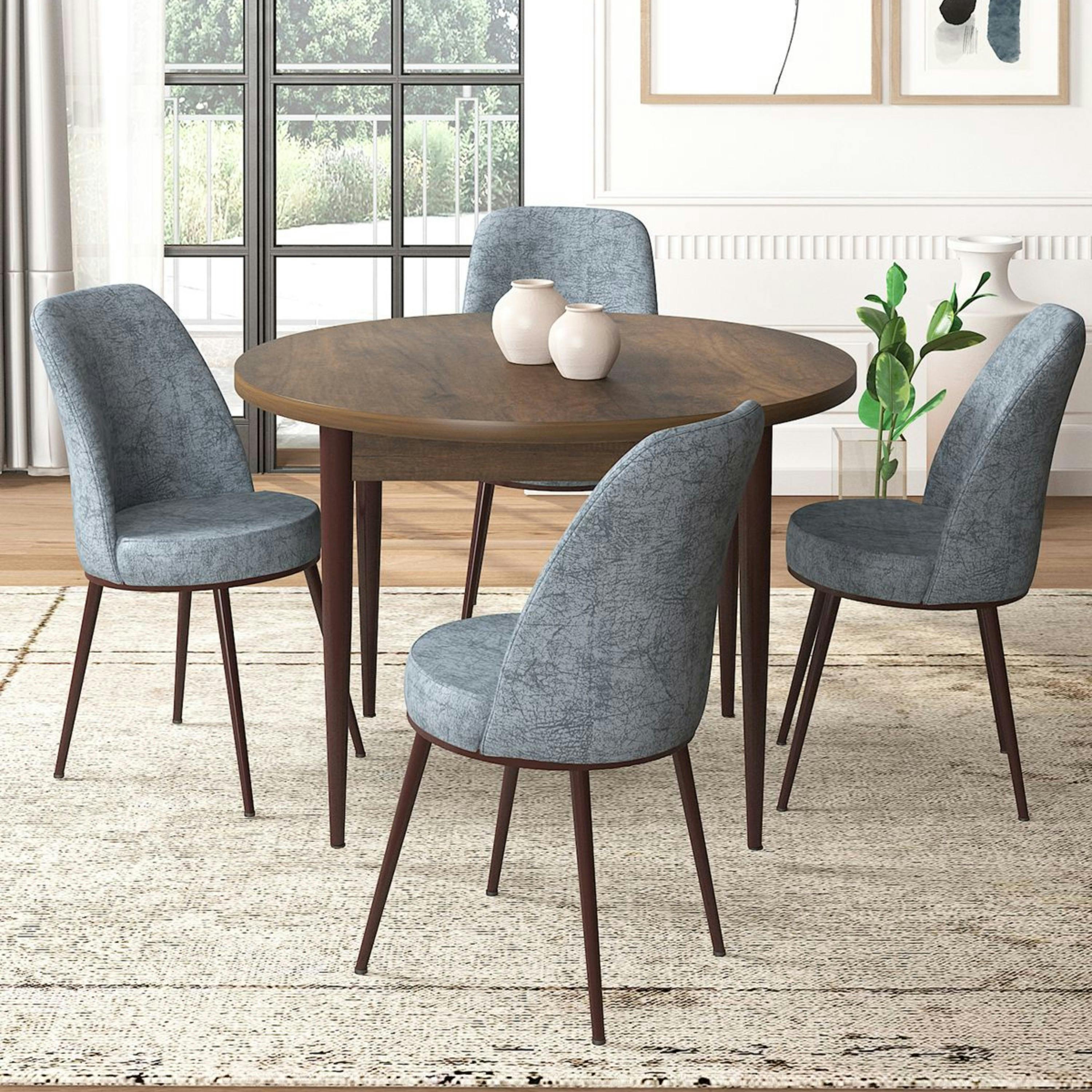 Ensemble table ronde Ø90 cm   4 chaises gris clair à motifs AROLA
