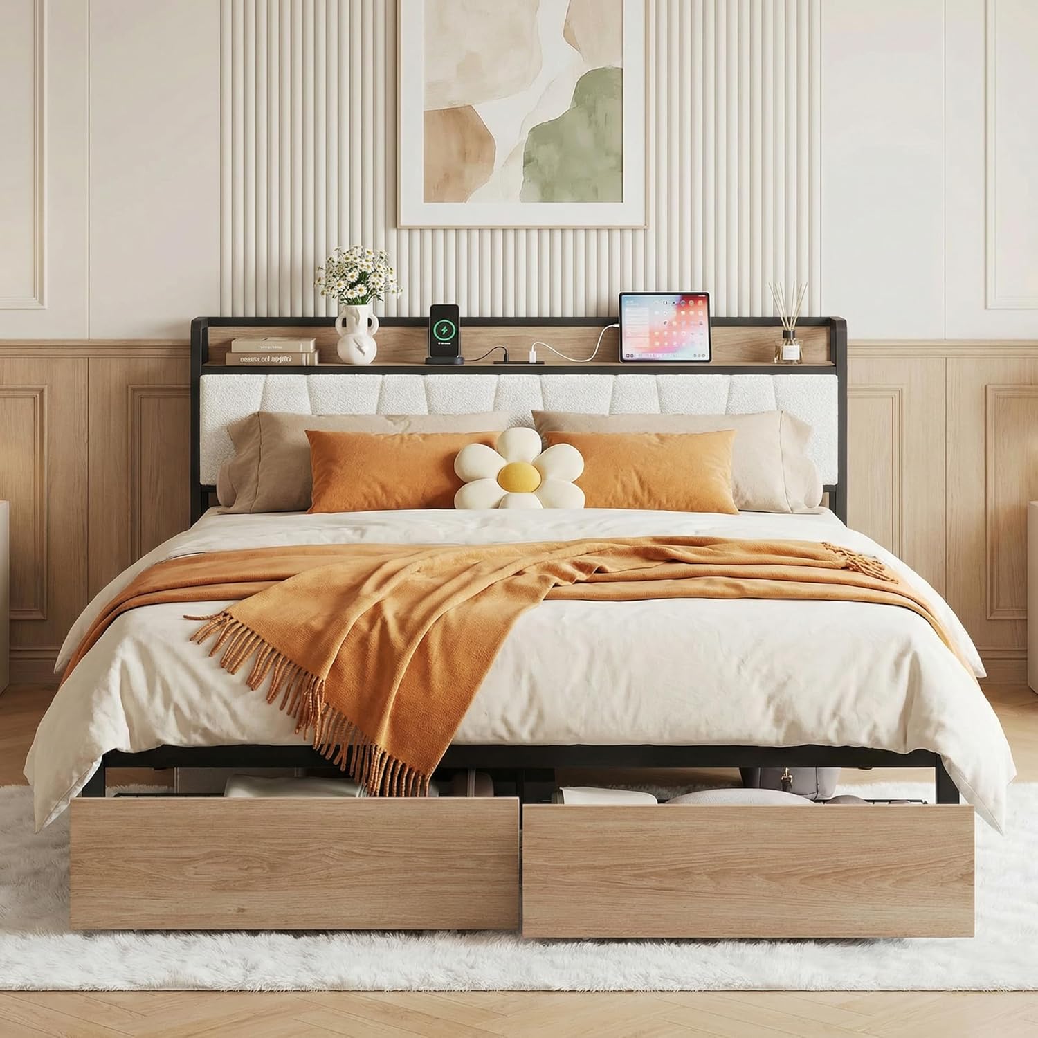 LIKIMIO California King Size Bed Frame, Storage Headboard with Charging Station, Platform Bed with Drawers, No Box Spring Needed, Easy Assembly, Wood and Cream